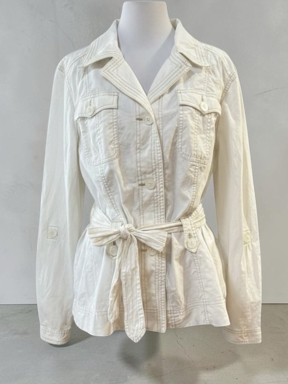 FADED GLORY STRETCH LIGHTWEIGHT BELTED SAFARI SHIRT JACKET CREAM SIZE XL 16/18